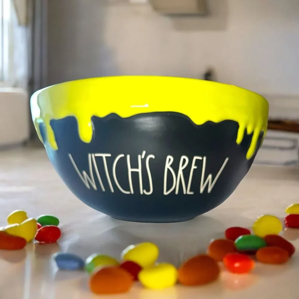 RAE DUNN Halloween WITCH'S BREW Black  TOXIC Green Slime Drip Bowl, NEW 7”